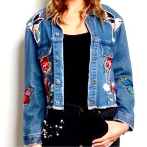 SIGNATURE8 floral and butterfly patch crop denim blue jean jacket